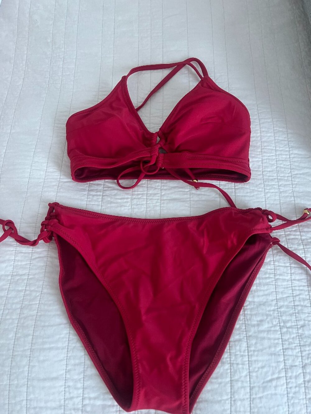 B Swim Red/Pink Bikini Set | Ruched Front Bralette & Side-Tie Bottoms | S